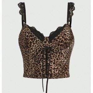 💚 ROMWE Leopard Print Lace Trim Cami Top – Women’s Lace Up Crop Tank –